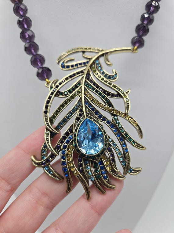 Peacock Feather Jewelry, Crystal Feather Earrings with Necklace to Match, Heidi Daus Set, Feather Necklace for Women, Long Feather Earrings View 5