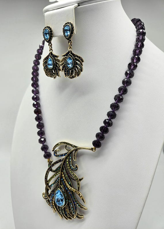 Peacock Feather Jewelry, Crystal Feather Earrings with Necklace to Match, Heidi Daus Set, Feather Necklace for Women, Long Feather Earrings View 4