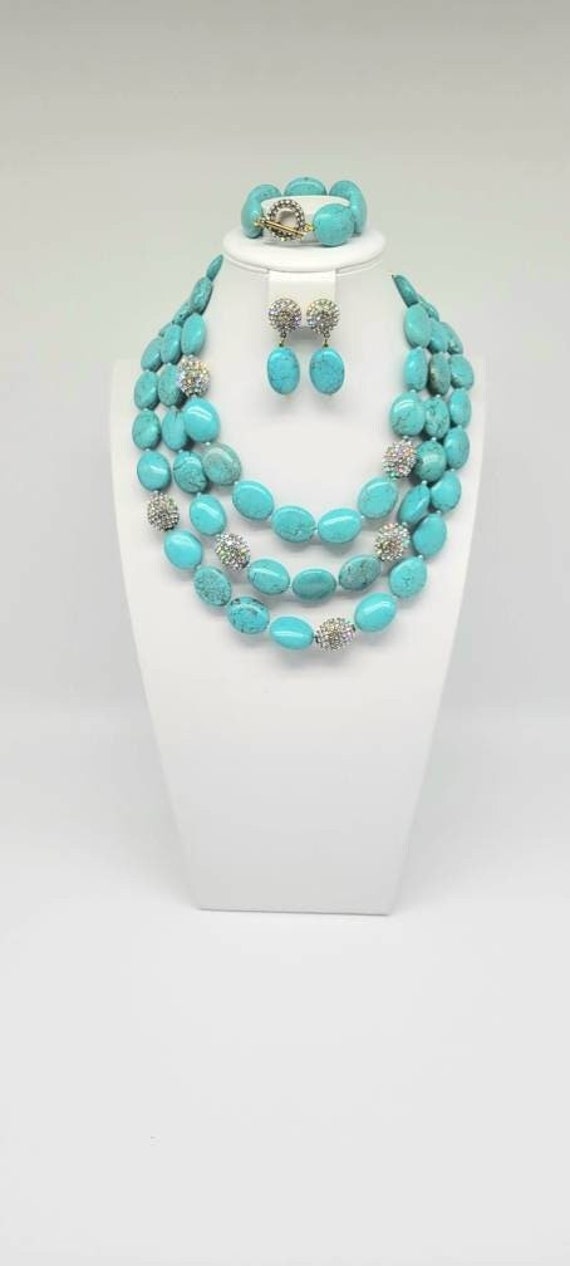 Chunky Turquoise Necklace, Turquoise Rhinestone Br