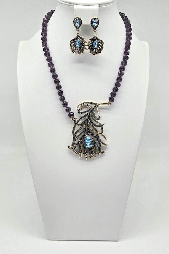 Peacock Feather Jewelry, Crystal Feather Earrings with Necklace to Match, Heidi Daus Set, Feather Necklace for Women, Long Feather Earrings