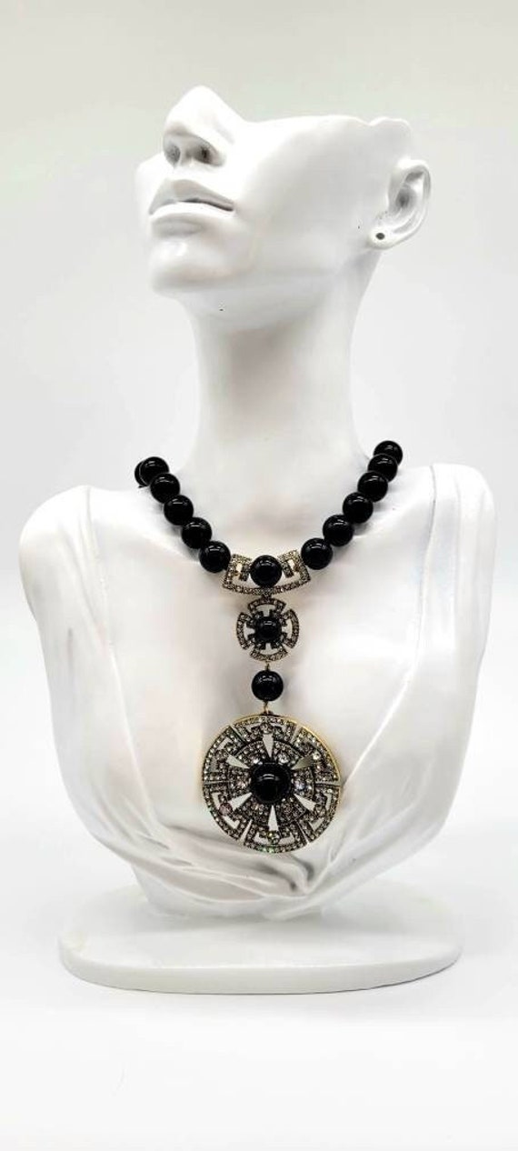 Black Glass Bead Necklace, Onyx Beaded Necklace, … - image 1