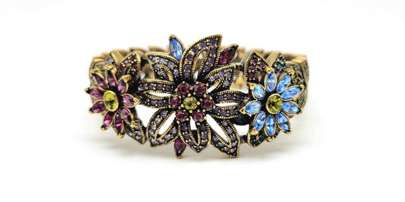 Flower Bangle, Gemstone Flower Bracelet, Flower G… - image 1