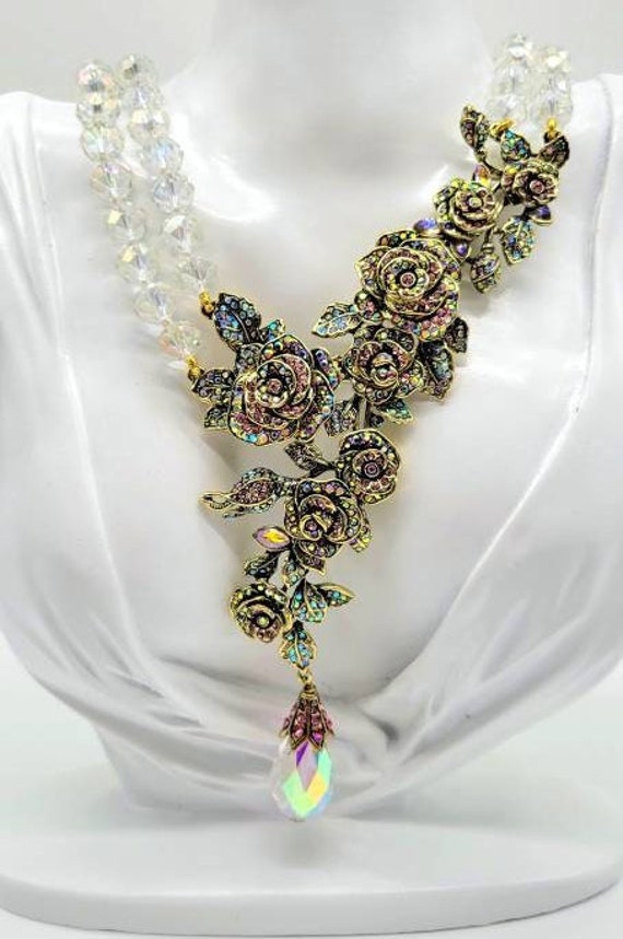 Aurora Borealis Crystal Necklace, Rose Statement … - image 2