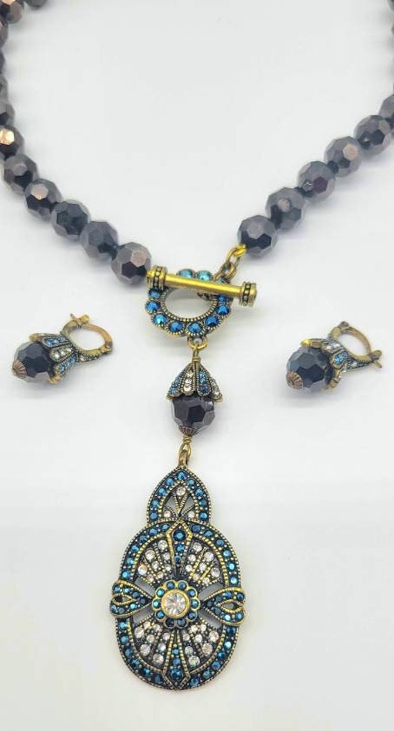 Medallion Necklace Sapphire, Crystal Huggie Hoop … - image 2