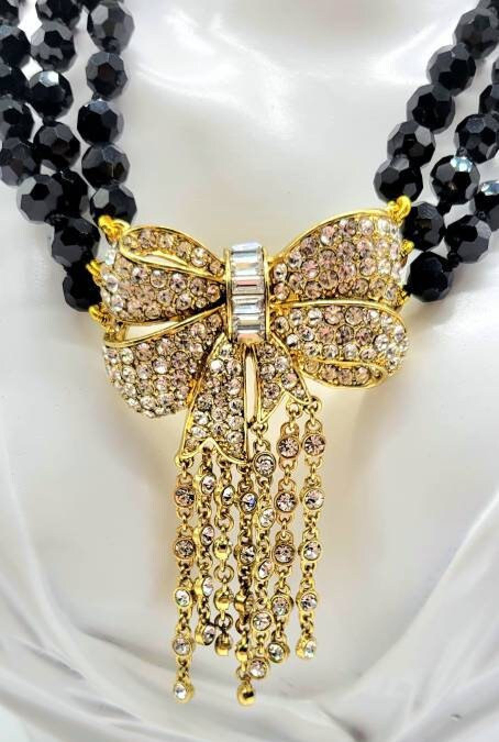 Gold Bow Necklace, Bow Crystal Necklace, Bow Diamond Pendant, Black and ...