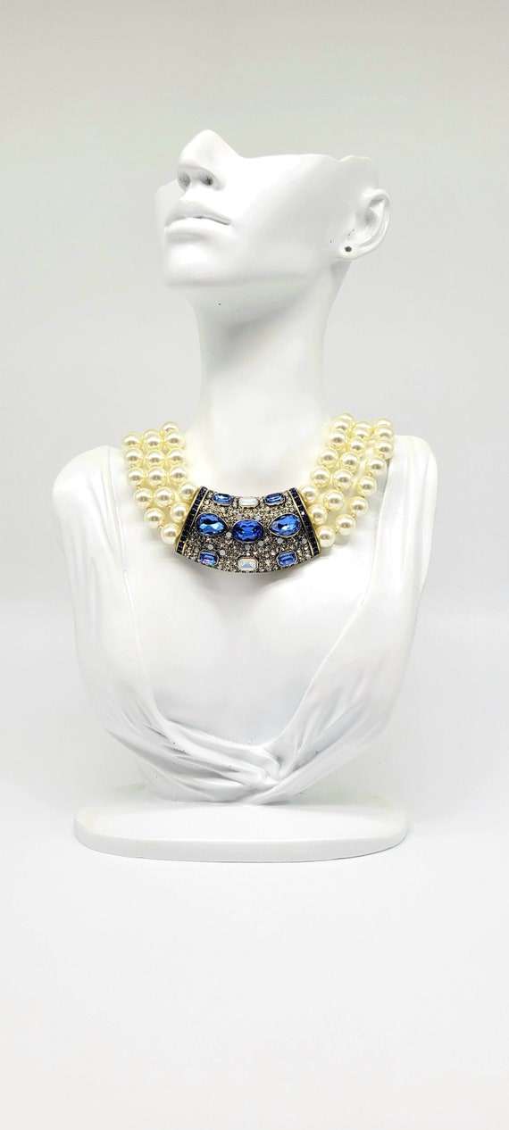 Pearl and Sapphire Necklace, Chunky Pearl Collar, 