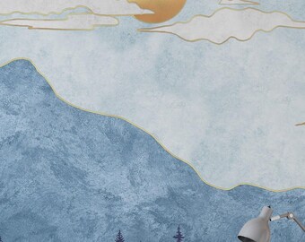 Blue Mountain Landscape Wallpaper, Stone Texture, Peel and Stick Mural