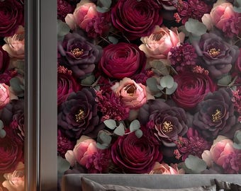 Stimmungsvolle Blumentapete, stimmungsvolle Rose, Wandbild, bordeaux-rotes Blumendekor, schwarze botanische Wandkunst, romantische Tapete