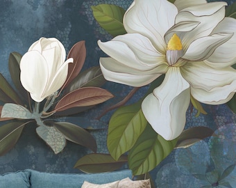 White Magnolia Flower Wallpaper, Blue Botanical Wall Mural, Peel and Stick