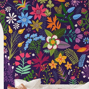 Colorful Floral Illustration Wallpaper, Peel and Stick Removable Wallpaper