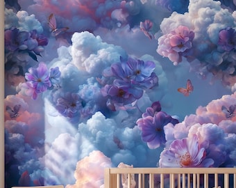 夢のような雲の壁紙（貼ってはがせるタイプ）、水彩画風の花の壁画、紫色の蝶の装飾、風変わりな子供部屋の壁紙、取り外し可能な空のアート