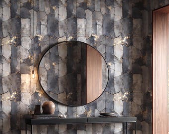 Papel pintado autoadhesivo moderno de mármol gris oscuro con vetas doradas brillantes, mural de pared de lujo con efecto de piedra agrietada.