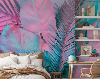 Large Tropical Palm Leaves in Bubble Pink and Blue Wallpaper, Peel and Stick Palm Leaf Wallpaper, Removable Large Leaves Bathroom Wallpaper