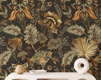 Vintage Style Floral Illustration with Leaves Wallpaper, Retro Orange Flowers Wallpaper, Peel and Stick 60s 70s Wallpaper