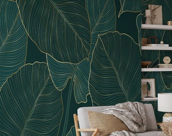 Dark Green Monstera Leaves with Golden Line Art Wallpaper, Peel and Stick Leaf Wallpaper, Self Adhesive Nature Wallpaper for Bathroom