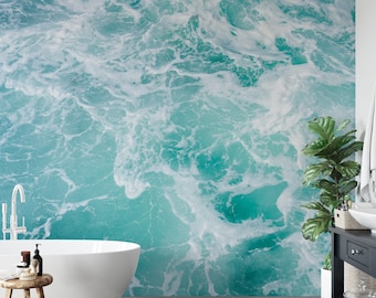 Aqua Ocean Wallpaper, Peel and Stick Sea Foam Wallpaper, Self Adhesive Waves in The Ocean Wall Mural