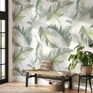 Watercolor Green Leaves Wallpaper, Peel and Stick Faded Leaves Wall Mural, Removable Wallpaper