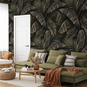 Carta da parati con motivo a foglie di banano tropicali in stile vintage, carta da parati con foglie di oro nero staccabile e attaccabile, carta da parati autoadesiva con piante per il bagno