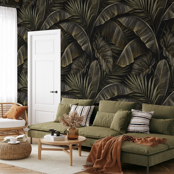 Vintage Style Tropical Banana Leaves Pattern Wallpaper, Peel and Stick Black Gold Leaf Wallpaper, Self Adhesive Plant Wallpaper for Bathroom