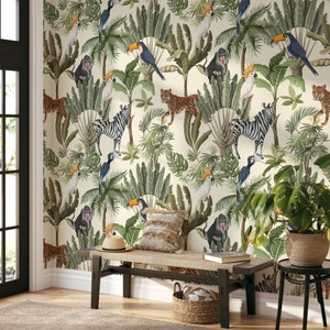 Leaves And Exotic Animals Illustration Wallpaper, Peel and Stick Tropical Wallpaper, Self Adhesive Safari Style Wall Mural, Removable Mural