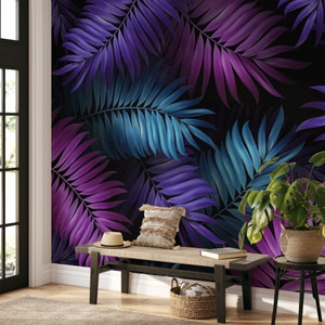 Purple Fushia and Aqua Colored Large Tropical Leaves Wallpaper, Peel and Stick Dark Floral Wallpaper, Self Adhesive Leaf Wallpaper