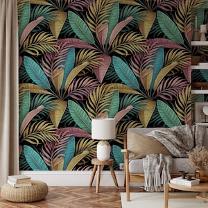 Multi Colored Large Tropical Leaves Wallpaper, Peel and Stick Green Blue Leaf Wall Mural, Leaves Wall Decor