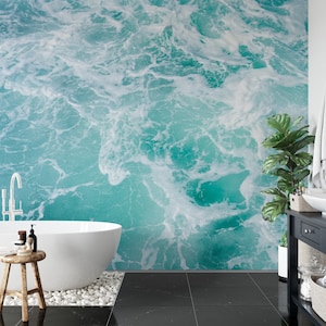 Aqua Ocean Wallpaper, Peel and Stick Sea Foam Wallpaper, Self Adhesive Waves in The Ocean Wall Mural