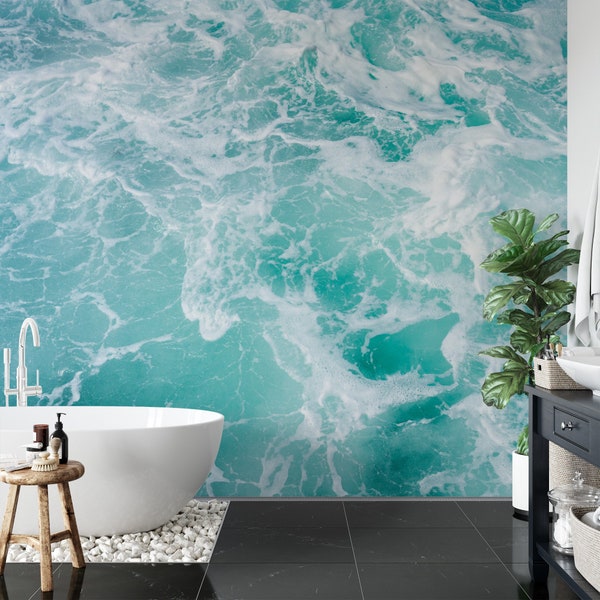 Aqua Ocean Wallpaper, Peel and Stick Sea Foam Wallpaper, Self Adhesive Waves in The Ocean Wall Mural