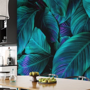 Tropical Dark Green Cannifolium Leaves Pattern With Purple Highlights Wallpaper, Peel and Stick Green Nature Wallpaper