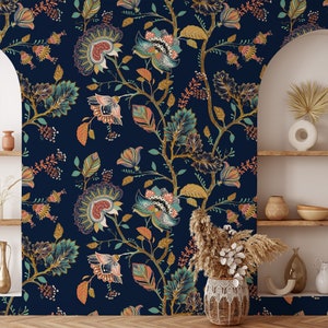 Orientalische Blumenzweige Design mit dunkler Hintergrundtapete, Traditionelle Blumen Tapete, Marine Hintergrund Wandbild