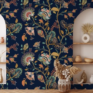 Oriental Floral Branches Design With Dark Background Wallpaper, Traditional Floral Peel and Stick Wallpaper, Navy Background Wall Mural