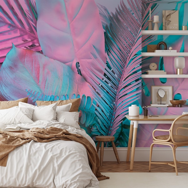 Large Tropical Palm Leaves in Bubble Pink and Blue Wallpaper, Peel and Stick Palm Leaf Wallpaper, Removable Large Leaves Bathroom Wallpaper