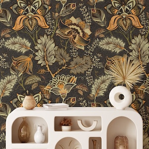 Illustrazione floreale in stile vintage con carta da parati a foglie, carta da parati retrò con fiori arancioni, carta da parati staccabile e attaccabile anni '60 e '70