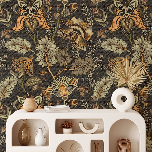 Vintage Stil Blumen Illustration mit Blätter Wallpaper, Retro Orange Blumen Wallpaper, schälen und aufkleben 60er 70er Wallpaper