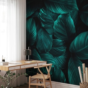 Tropical Dark Green Cannifolium Leaves Pattern Wallpaper, Peel and Stick Green Nature Wallpaper, Self Adhesive Leaf Bathroom Wall Mural