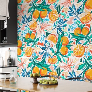 Tropical Illustration With Oranges And Tangerines Wallpaper, Orange Pattern Peel and Stick Wallpaper, Fruit Pattern Kitchen Wallpaper