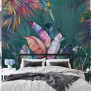 Colorful Tropical Leaves in a Jungle Background Wallpaper, Peel and Stick Dark Green Leaf Wallpaper, Self Adhesive Removable Wall Mural