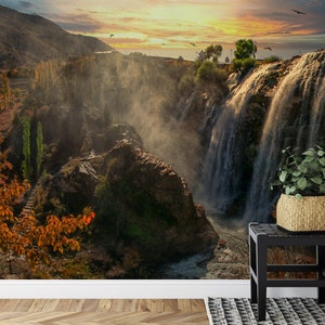 Waterfall Wallpaper With Mountains and A Sunset, Peel and Stick Nature Landscape Wallpaper, Self Adhesive Removable Wall Mural