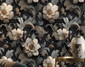 Papel pintado floral 3D autoadhesivo, mural de pared en gris carbón intenso, arte floral tallado, mural botánico vintage removible, decoración victoriana de lujo