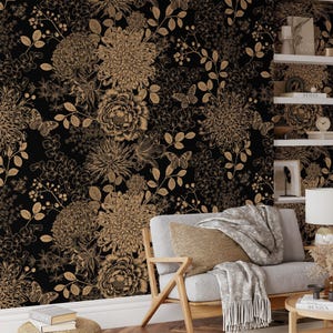 Papier peint design vintage de style antique, papier peint pivoines et chrysanthèmes, papier peint floral marron, décoration murale florale foncée
