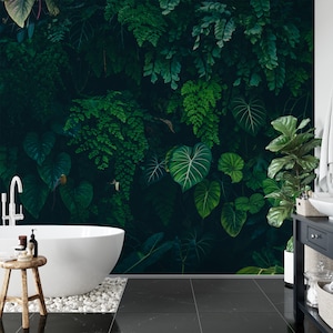 Tropical Nature with Monstera Leaves In a Dark Jungle Background Wallpaper, Peel and Stick Dark Green Leaves Wallpaper, Nature Walpaper