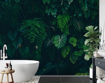 Tropical Nature with Monstera Leaves In a Dark Jungle Background Wallpaper, Peel and Stick Dark Green Leaves Wallpaper, Nature Walpaper