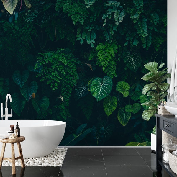 Tropical Nature with Monstera Leaves In a Dark Jungle Background Wallpaper, Peel and Stick Dark Green Leaves Wallpaper, Nature Walpaper