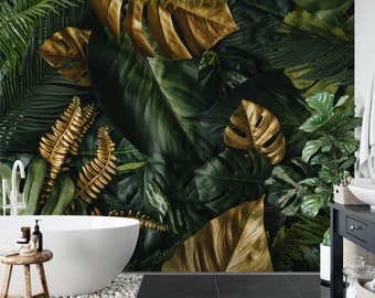 Tropical Golden and Green Leaves in a Jungle Background Wallpaper, Peel and Stick Leaf Wallpaper, Removable Botanical Bathroom Wallpaper