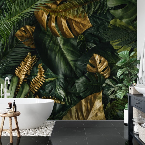 Tropical Golden and Green Leaves in a Jungle Background Wallpaper, Peel and Stick Leaf Wallpaper, Removable Botanical Bathroom Wallpaper