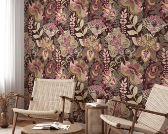 Oriental Vintage Style Floral Illustration Wallpaper, 60s 70s Wallpaper Peel and Stick, Retro Self Adhesive Wallpaper, Traditional Wallpaper
