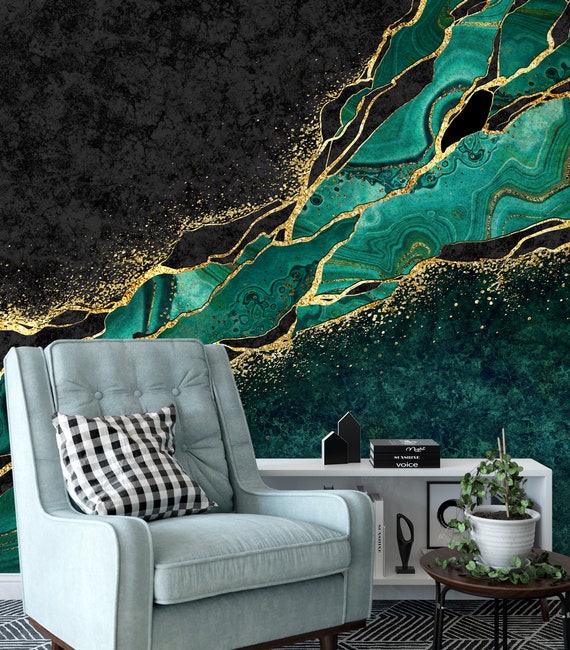 Dark Teal and Gold Wallpaper | Luxury Mosaic Design | Happywall