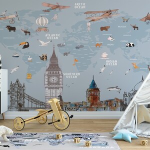Papier peint carte du monde pour chambre d'enfant avec des animaux et des architectures de renommée mondiale, papier peint autocollant pour chambre d'enfants, décoration murale auto-adhésive