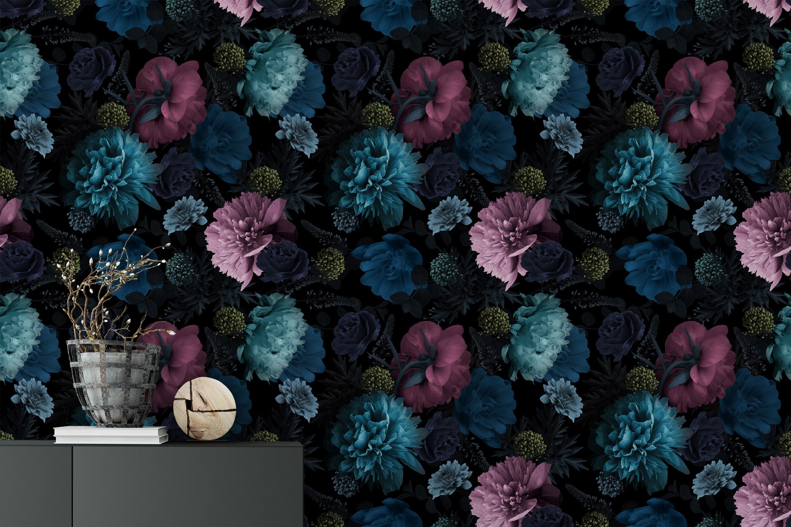 Turquoise and Pink Flowers Wallpaper Botanical Wallpaper - Etsy