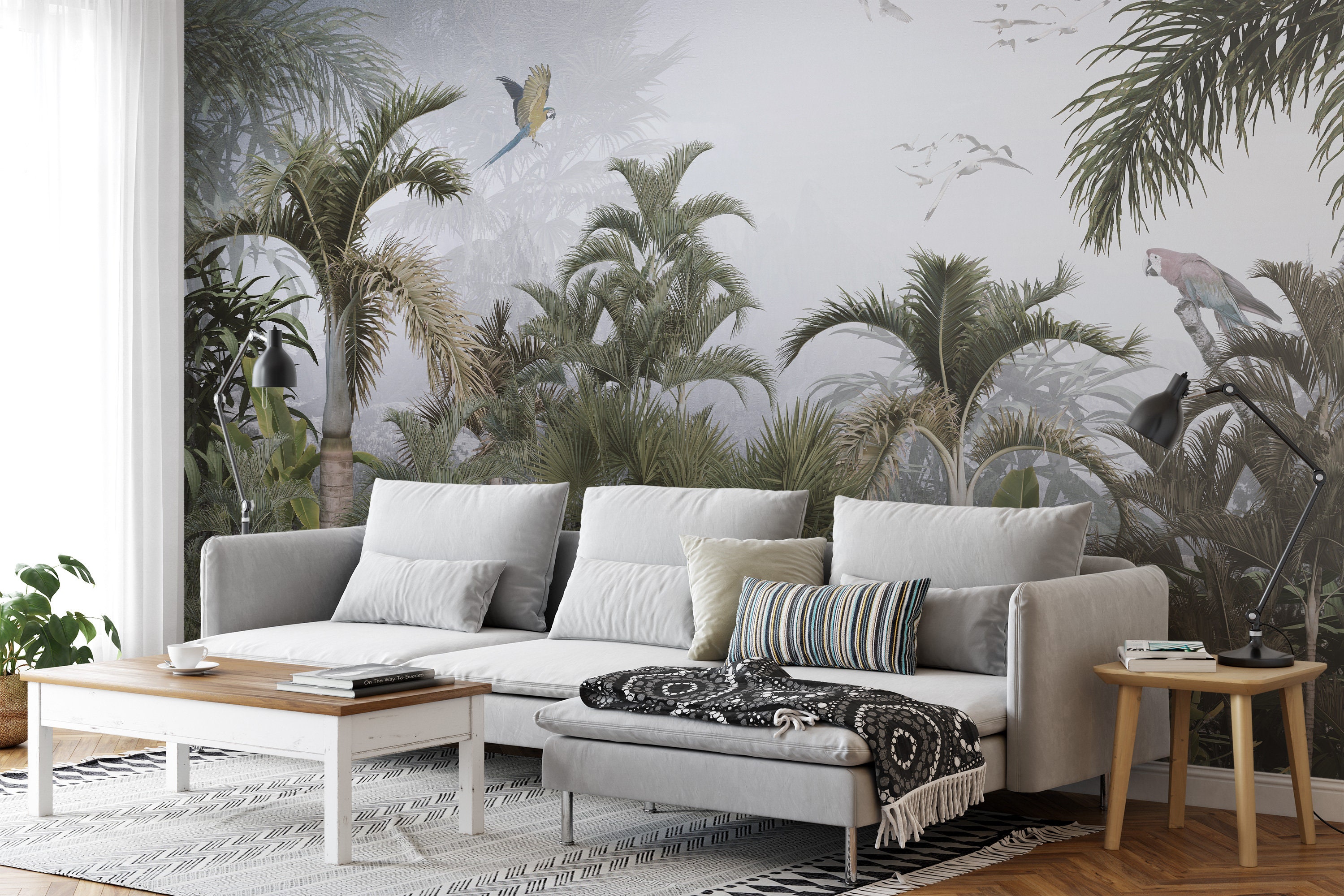 Palm Trees With Parrots Wallpaper Birds in the Jungle Peel - Etsy